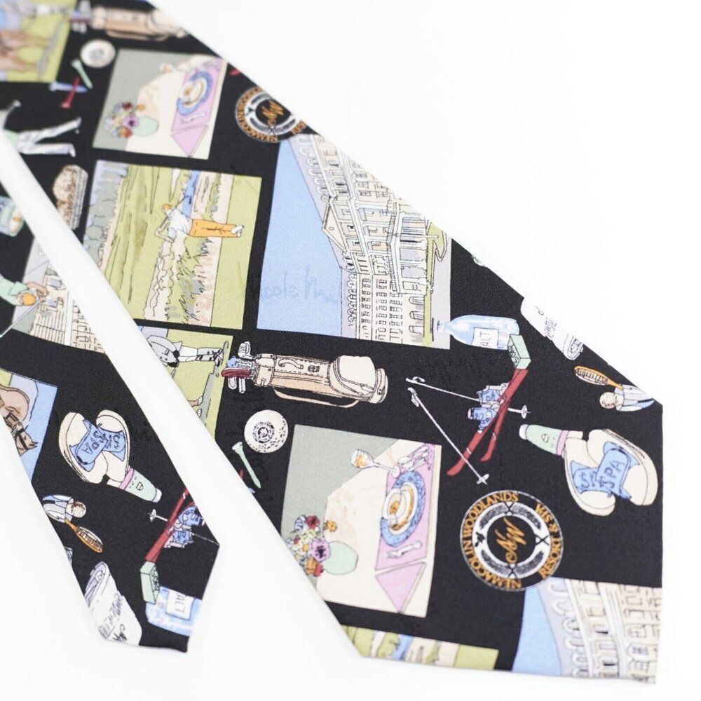 Vintage 1999 Nicole Miller Black Novelty Print Woven Wide Tie